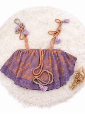 Anthropologie Flounce Cropped Knit Top Spaghetti Tie Straps Lilac Coral NWT